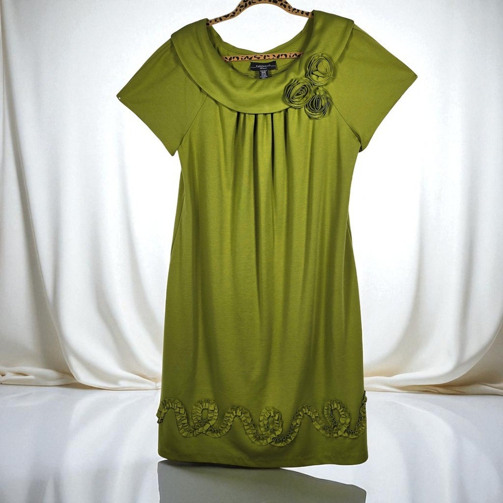 VTG R & M Richards Woman Dress Plus Size 14W Olive Green Short Sleeve Rosette‎